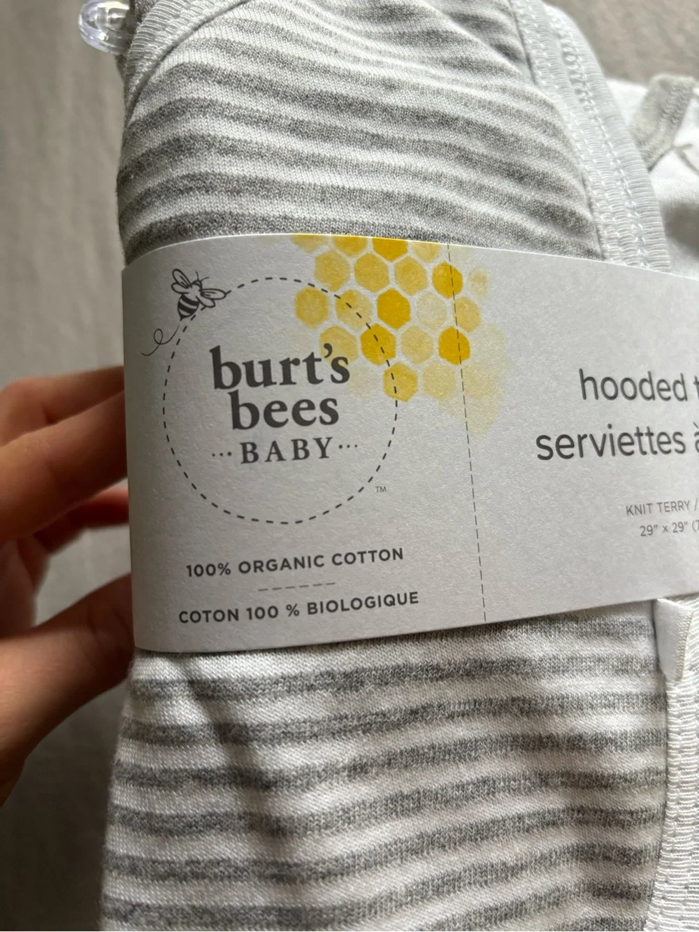 NWT Burt's Bees Baby Hooded Towels - Gray Striped/ Bees (2 pack) 100% cotton